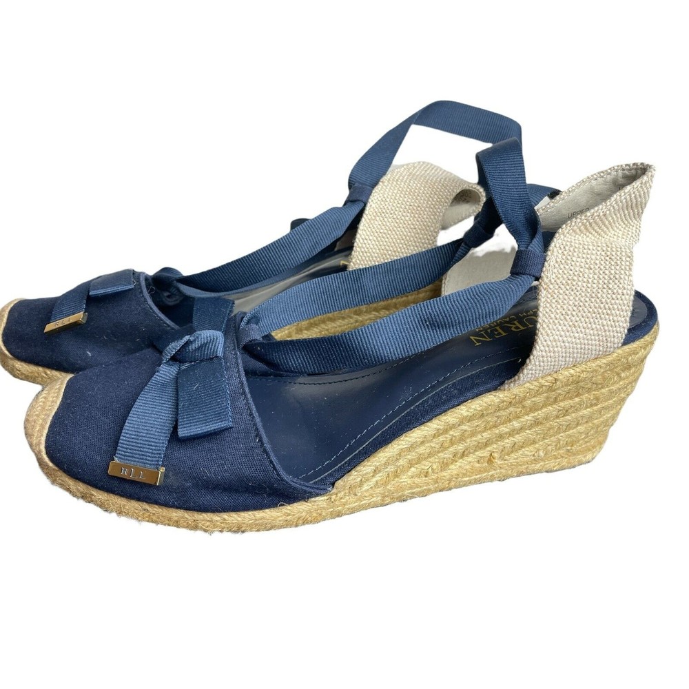 Ralph Lauren Hollie Espadrille Navy Lace Up Ankle Wedge Sandal Size 9.5B